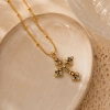 Retro aged carved cross diamond-encrusted pendant, Baroque-patterned stainless steel snake bone chain, matte gold, antique style, unique and niche, layered metal necklace Specification image